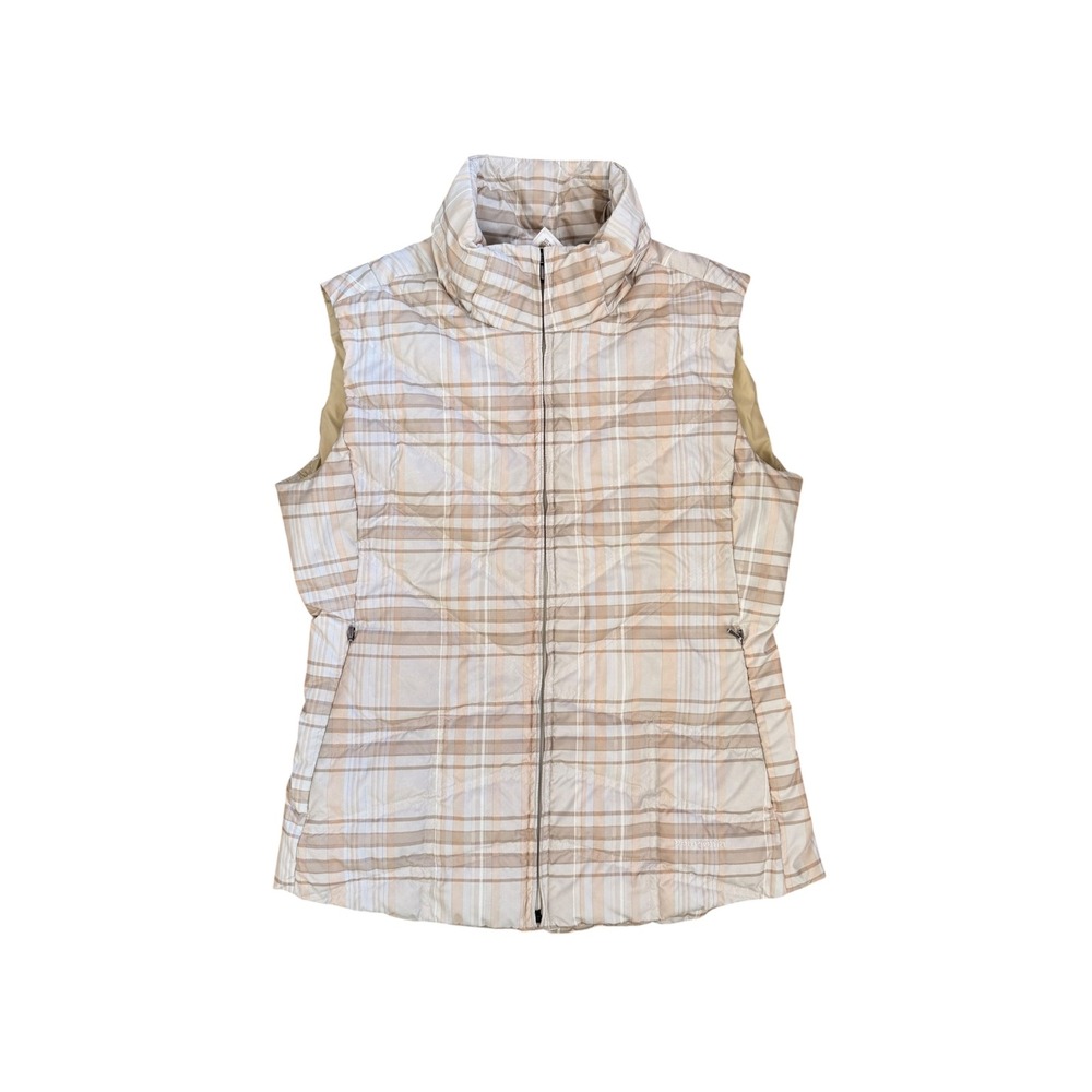 Patagonia Womens Down Sweater Vest Small Tan Cream Plaid Quilted Puffer No Hood